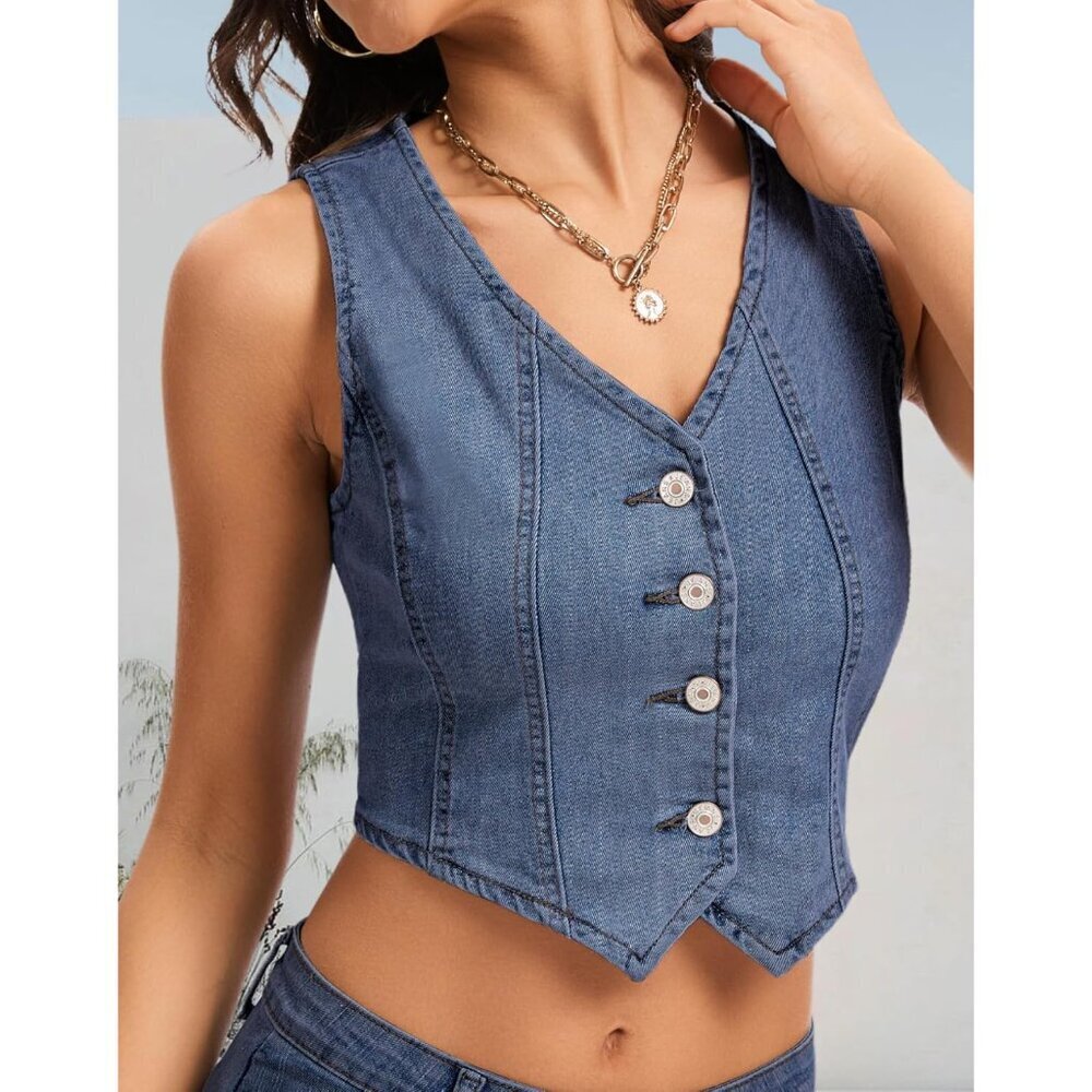 Women Denim Vest Cropped Waistcoat Sleeveless Jean Top Casual Festival - Picture 2 of 7